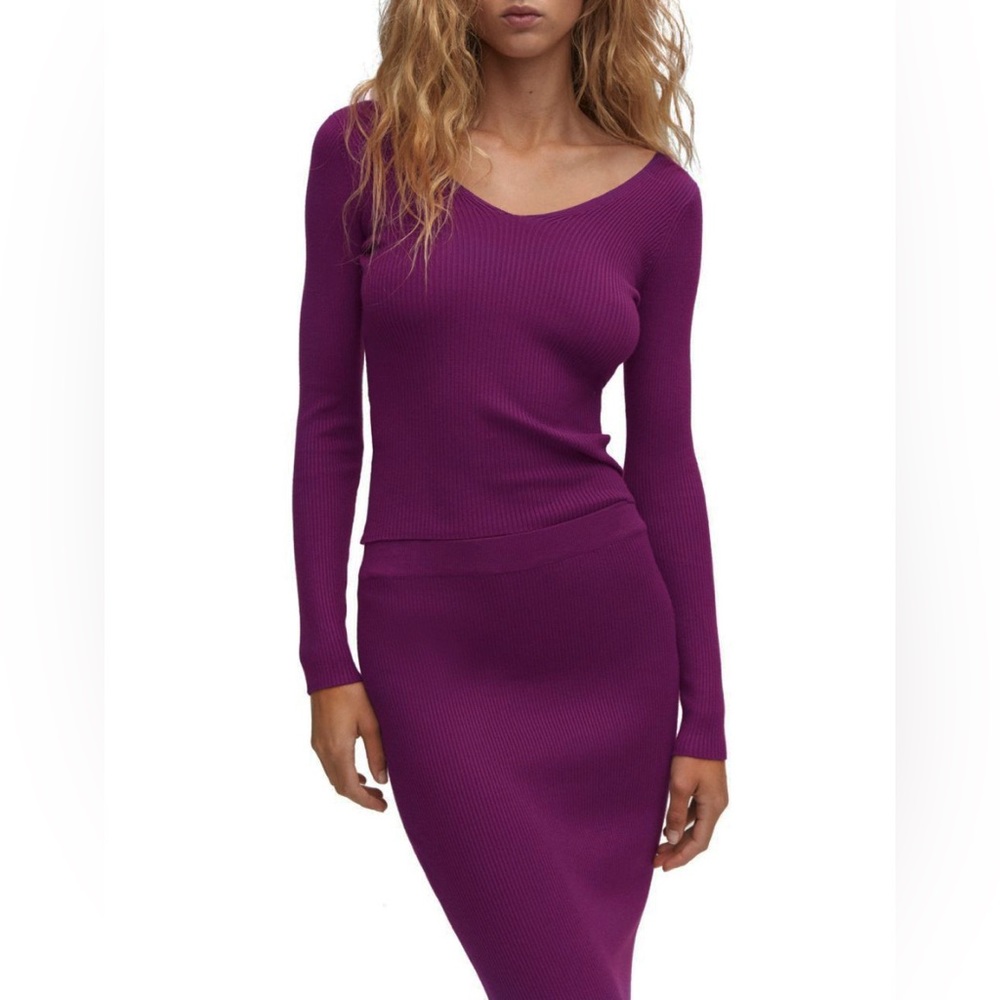 MANGO V-neck Rib Knit Sweater in Purple, US S